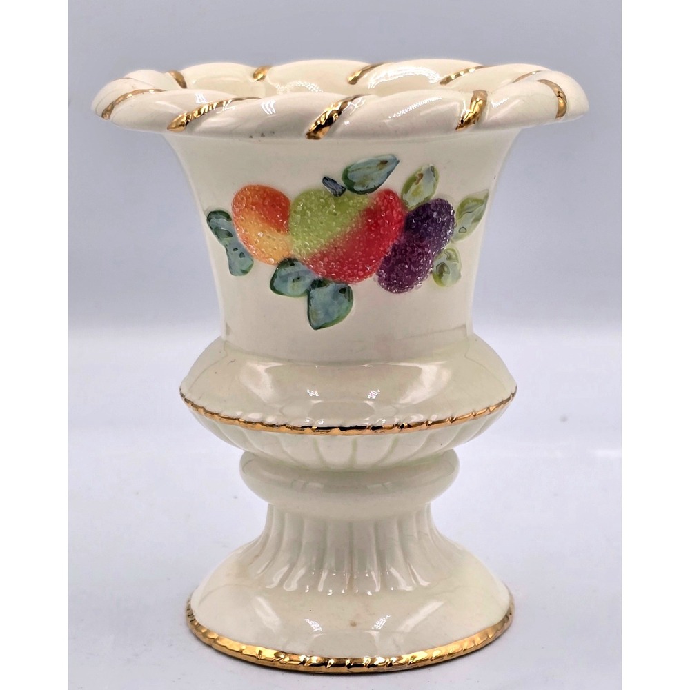 Vintage Sugared Fruit Ivory Ceramic Pedestal Candle Holder Gold Gilt Trim Single